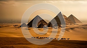 The sun is setting over the pyramids of Egypt.