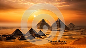 The sun is setting over the pyramids of Egypt