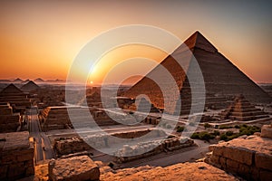 sun setting over the pyramids in Egypt