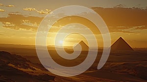 The sun is setting over the pyramids of Egypt