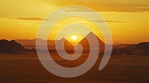 The sun is setting over the pyramids of Egypt