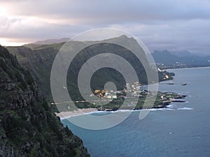 Sun is setting over the town; Lighthouse Trail, Oahu, Hawaii