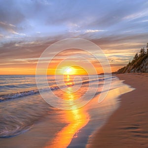 the sun is setting over the water on the beach Colorful photo