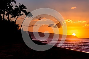 Sun setting over waves and palm trees on Sunset Beach, Hawaii