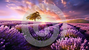 Sun setting or rising over a lavendar field. Beautiful lavender field