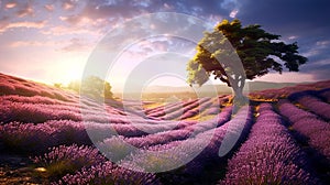 Sun setting or rising over a lavendar field. Beautiful lavender field