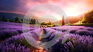 Sun setting or rising over a lavendar field. Beautiful lavender field