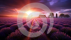 Sun setting or rising over a lavendar field. Beautiful lavender field