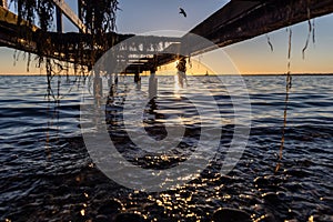 the sun setting underneath a pier in Raa, Helsingborg, Sweden