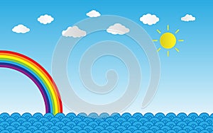 sun shine on blue sky with clouds and rainbow over sea,vector il