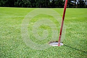 Sun shines behind a golf flag