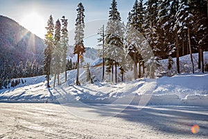 Sun shines from behind a mountain next to trees behind a hard snow packed road