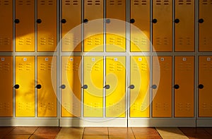 Sun shines on empty elementary school hall, numbered lockers at the wall