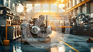 The sun shines through factory windows where modern engines are produced, showcasing high-tech machinery and industrial setting