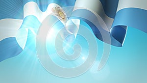 The sun shines with golden rays through the waving flag of argentina. Argentina waving flag on blue sky for banner design. Festive