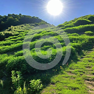The sun shines on a restored, reclaimed hill covered with vegetation. Concept - healing the Earth