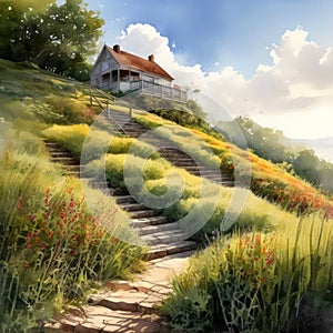 The sun shines on a restored, reclaimed hill covered with vegetation. Concept - healing the Earth.