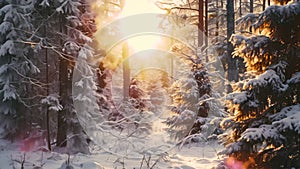 The sun shines through the trees, casting an ethereal glow on the snow-covered forest floor, Evergreen forest in the heart of