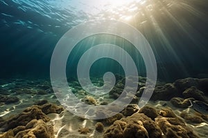 the sun shines through the water on a sandy bottom of the ocean floor, with a fish swimming in the foreground and a coral reef in