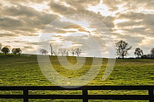 Sun Shining Through Clouds over a Green Field in late Afternoon