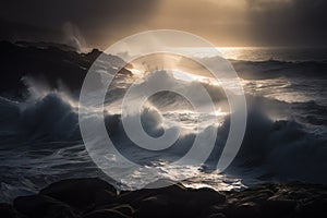 the sun is shining through the clouds over the water and rocks on the shore of a rocky shore with waves crashing against the