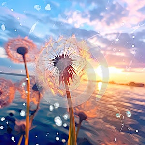 the sun shining through a dandelion seed on photo