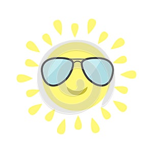 Sun shining icon. Sun face with pilot sunglassess. Cute cartoon funny smiling character. Hello summer. White background.