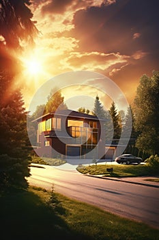 sun shining on a modern suburban house
