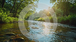 Sun Shining Over River in Woods