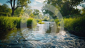 Sun Shining Over River in Woods