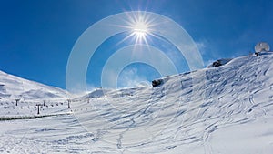 The bright sun over the winter sports area of the Sierra Nevada.