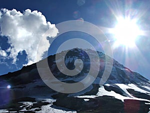 Sun shining, snow mountain and clouds