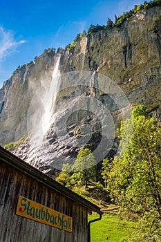 Sun shining on the Staubbach fall Berner Oberland, Switzerland