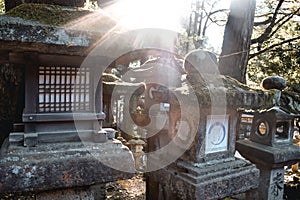 Sun shining through stone lanterns in Kasuga Shrine in Nara Japan