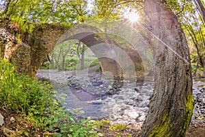 The sun shining through the trees at kelefos bridge,cyprus,2