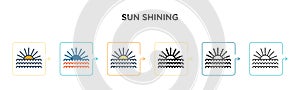 Sun shining vector icon in 6 different modern styles. Black, two colored sun shining icons designed in filled, outline, line and