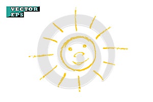 The sun shining yellow smiles, joy. Vector children`s drawing. Object isolated on a light background.