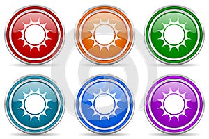 Sun silver metallic glossy icons, set of modern design buttons for web, internet and mobile applications in 6 colors options