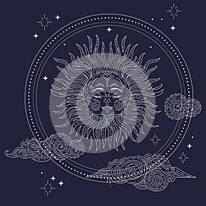 Sun in the sky with stars linear hand drawing illustration