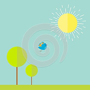 Sun, sky, tree, grass, bird. Summer landscape in flat design style.