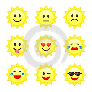 Sun Smile emoji, emoticon cartoon set Vector icons. Different Character or mood on sun smiley face