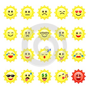 Sun Smile emoticon cartoon set Vector icons. Different Character or mood on sun smiley face