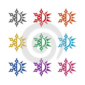 Sun snowflake sign icon isolated on white background. Set icons colorful