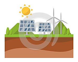 Sun solar energy panel and windmill power electricity technology vector.