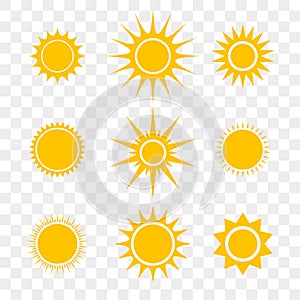 Sun or star vector cartoon yellow flat icons set