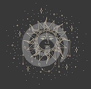 Sun and stars in antique style line art and dotwork vector