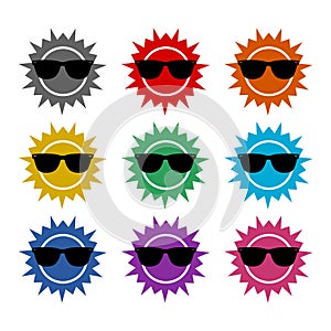 Sun with sunglasses color icon set isolated on white background