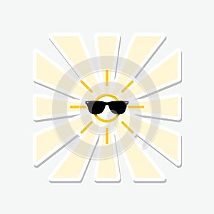 Sun with sunglasses sticker isolated on gray background
