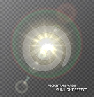 Sun, sunlight with rays and lens flare lights. Glow light effect. Vector illustration