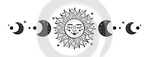 Sun surrounded by crescent moon with moon phases isolated on white background.